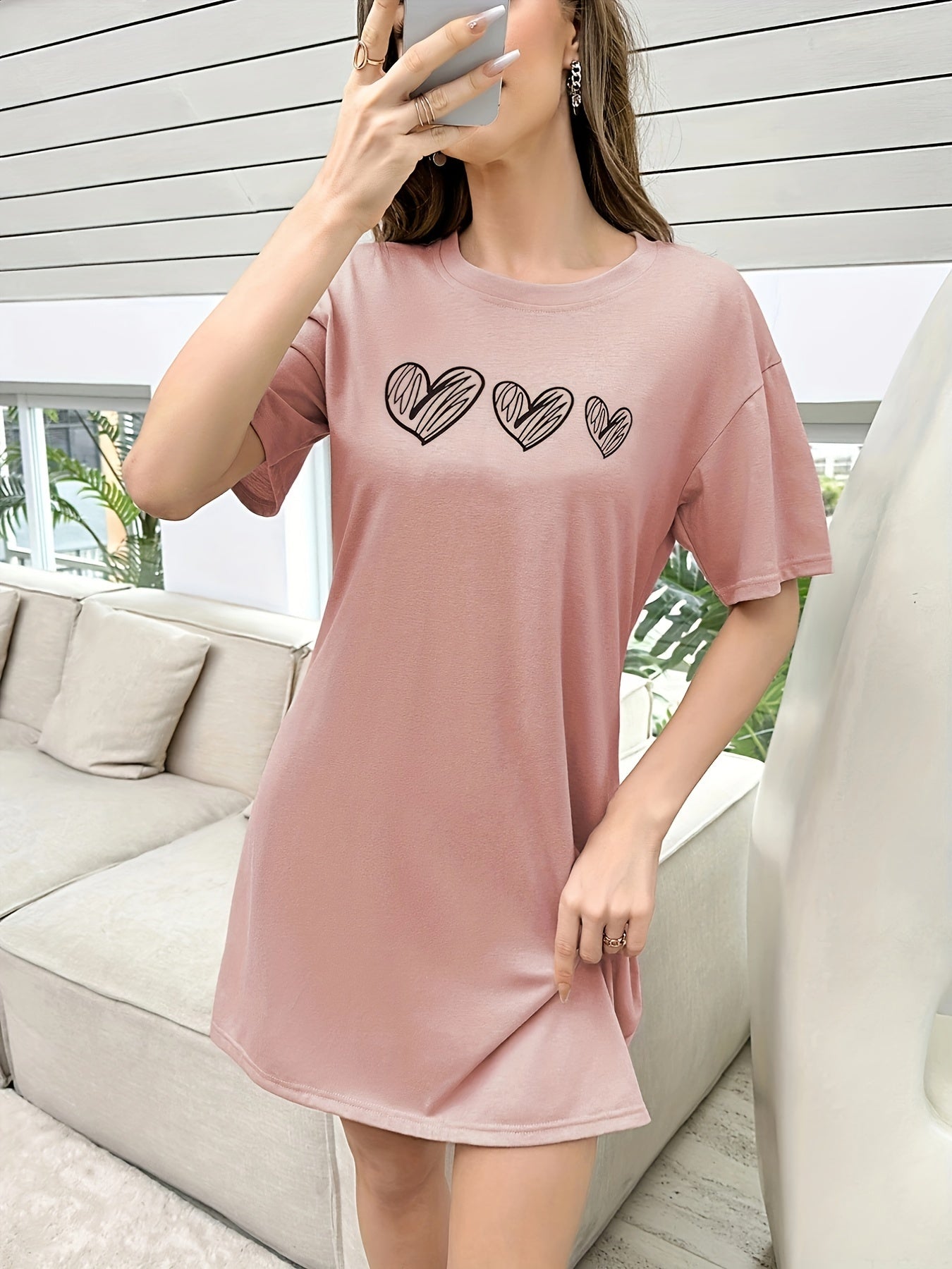 Heart Print NightDress Short Sleeve Crew Neck Pajama Dress Women's Sleepwear