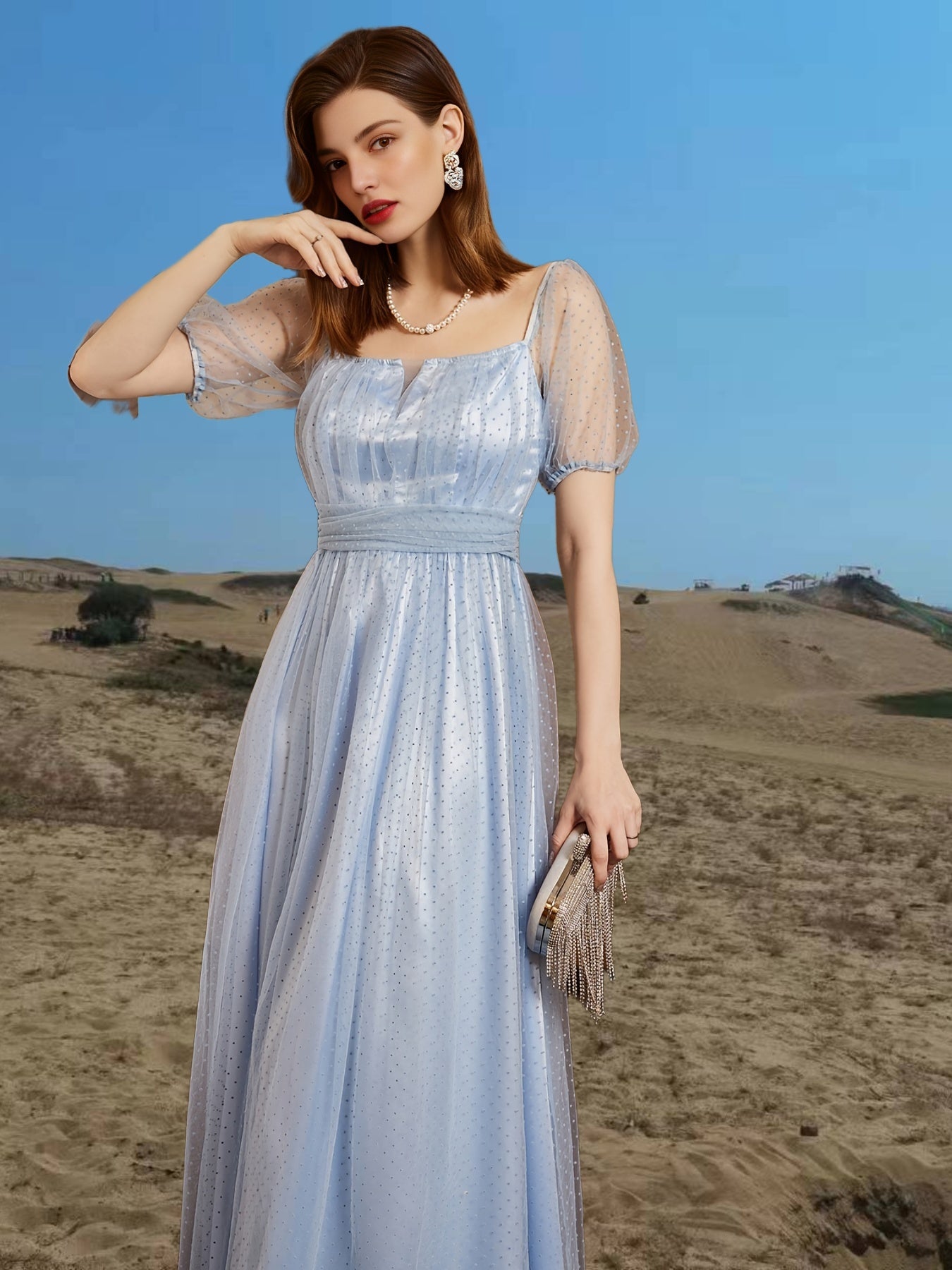 Mesh Short Sleeve Dress Square Neck Bridesmaid Party Guest Evening Gown Dress