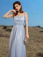 Mesh Short Sleeve Dress Square Neck Bridesmaid Party Guest Evening Gown Dress