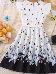 Girls Butterfly Graphic Princess Dress with Ruffle Trim & Belt for Party & Beach