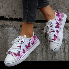 Women's Butterfly Pattern Canvas Shoes - Lace Up Low Round Toe Flat