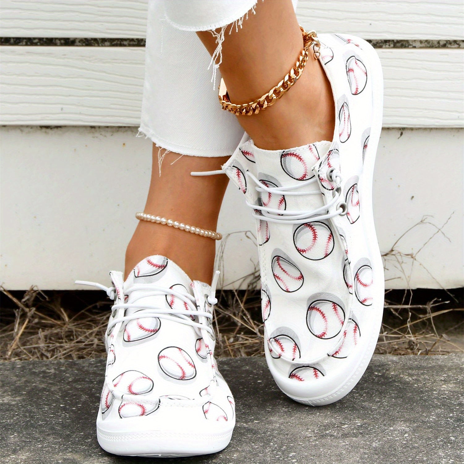 Baseball Print Canvas Shoes Women's Casual Lace Up Sneakers