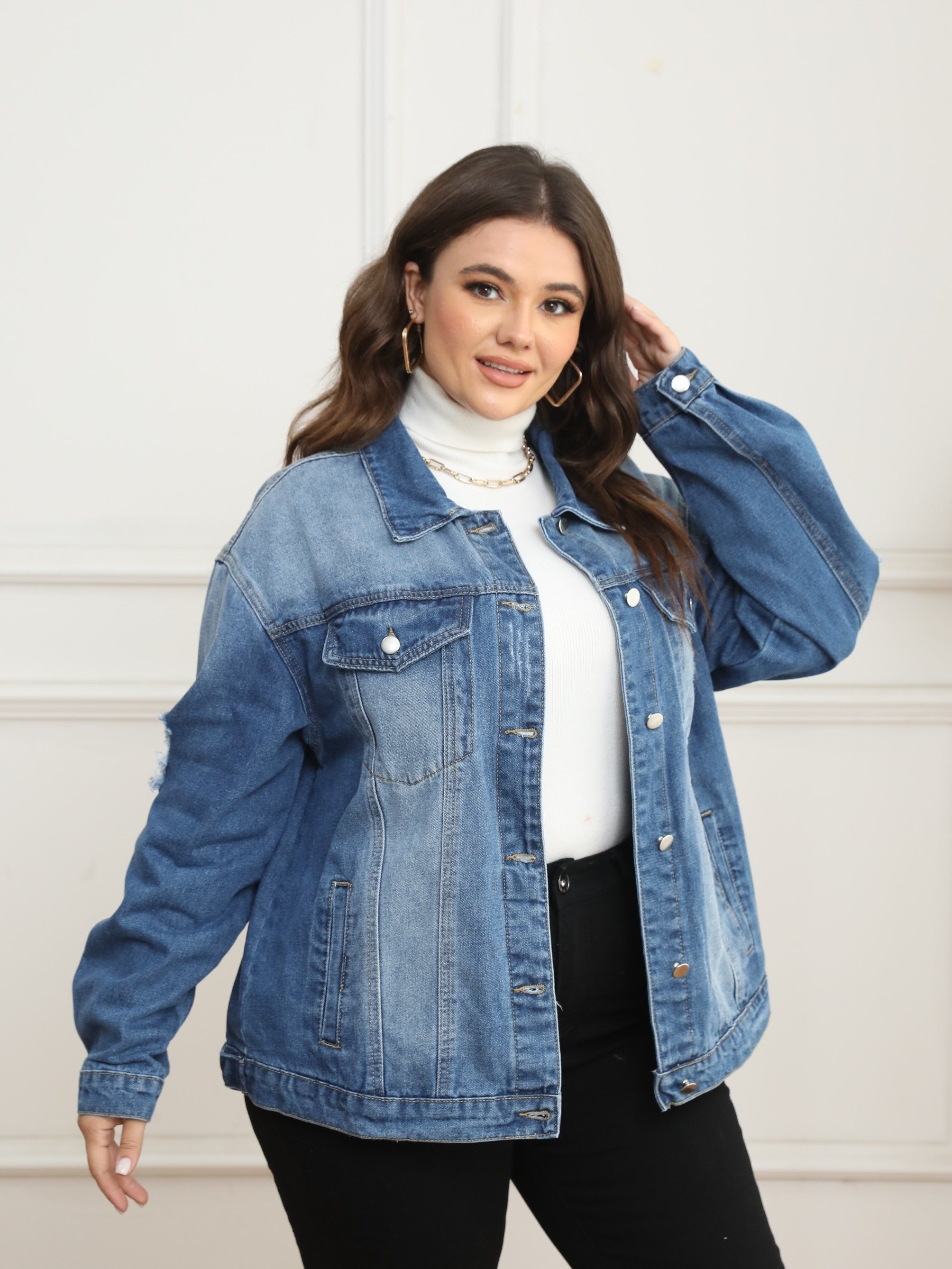 Casual Denim Jacket Women's Plus Washed Ripped Button Up Long Sleeve