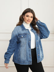 Casual Denim Jacket Women's Plus Washed Ripped Button Up Long Sleeve