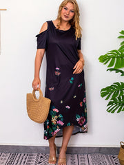 Floral Print Cold Shoulder Short Sleeve Round Neck Dress