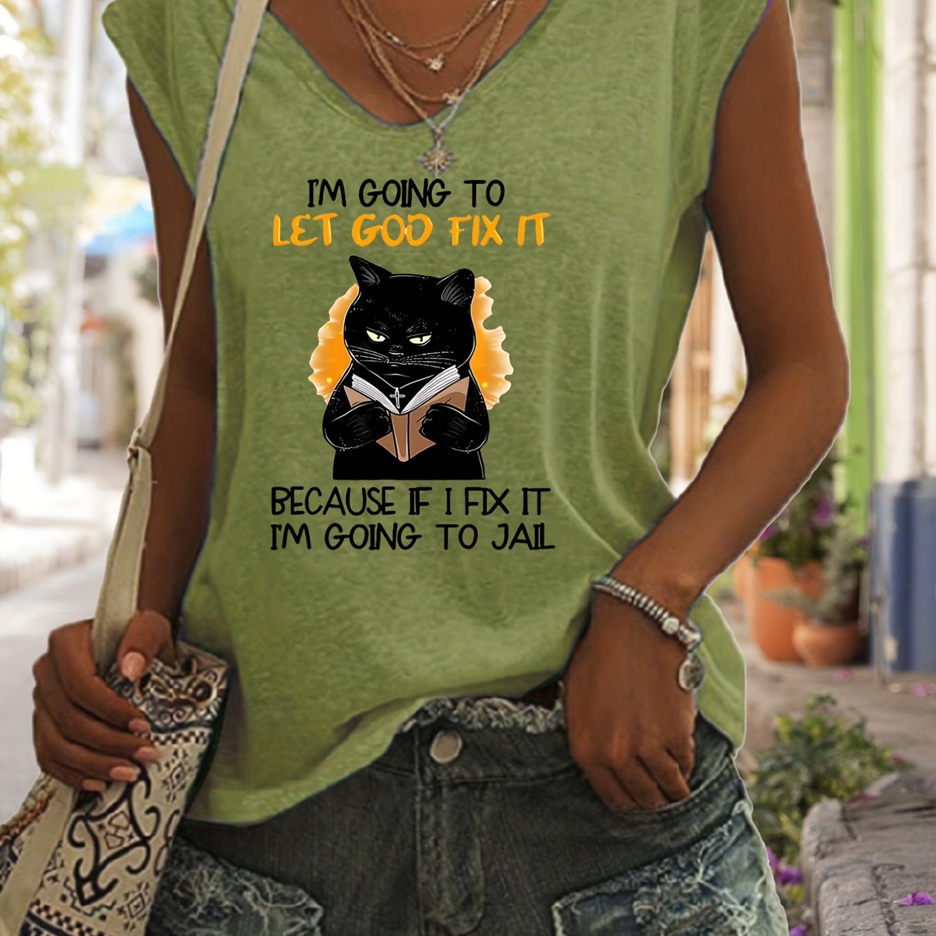 Cartoon Cat Tank Top Sleeveless V Neck Casual Top for Women