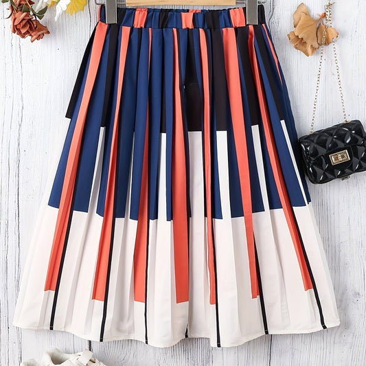 Girls Pleated Piano Striped Print Skirt Elastic Waist Preppy Style