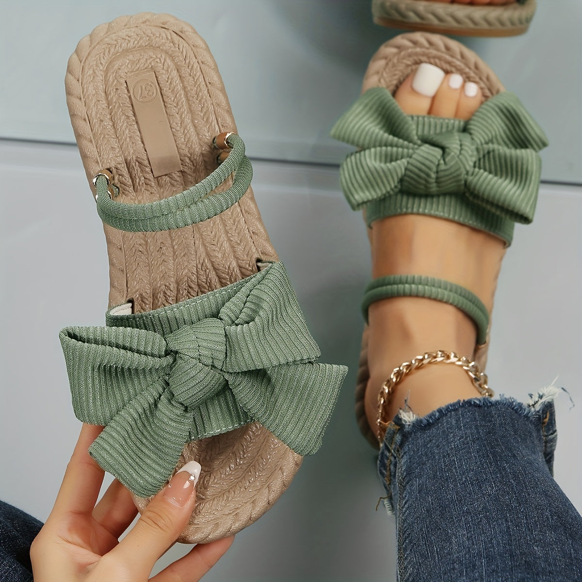 Women's Linen Sandals with Bowknot Detail