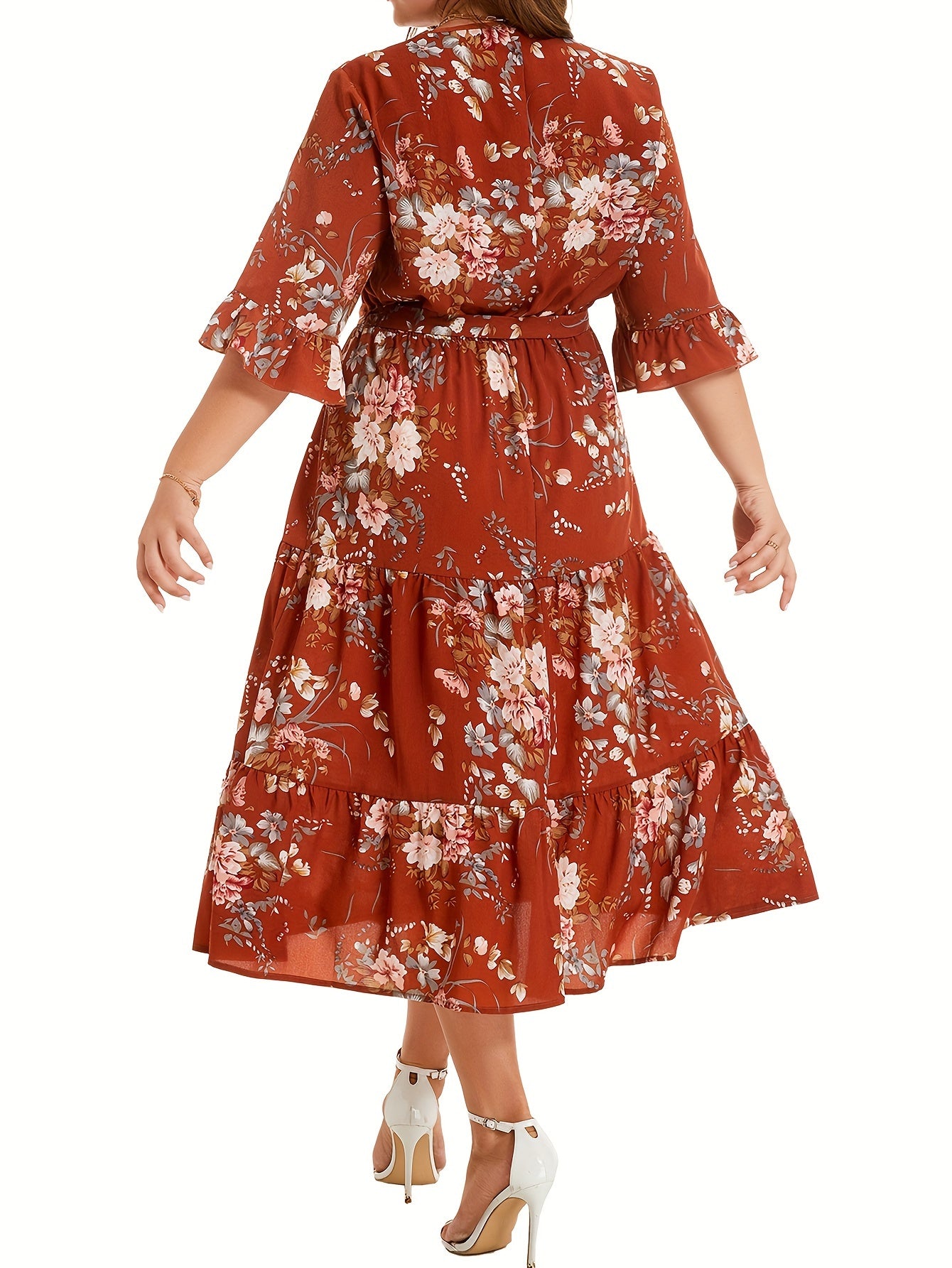 Floral Print V Neck Smock Maxi Dress