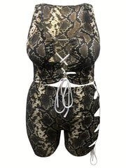 Snake Skin Print Cut Out Drawstring Lace Up Tank Top & Shorts Set