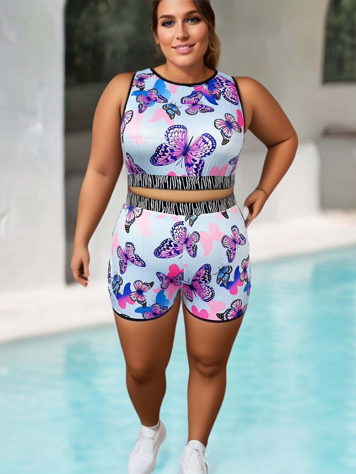 Butterfly Print Crop Tank Top & Shorts Yoga Outfit Set