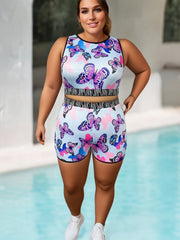 Butterfly Print Crop Tank Top & Shorts Yoga Outfit Set
