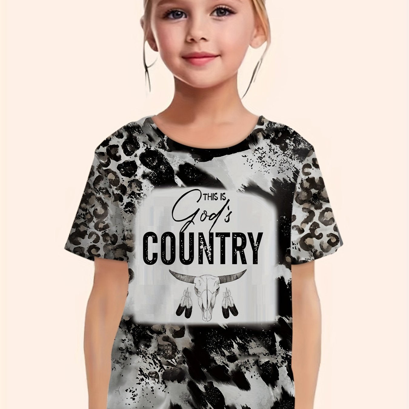 Girls Western Style Cow Skull Print Short Sleeve T-shirt Summer Clothes