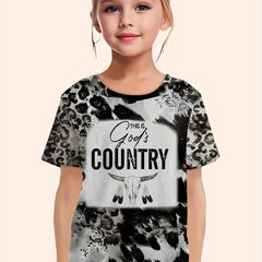 Girls Western Style Cow Skull Print Short Sleeve T-shirt Summer Clothes