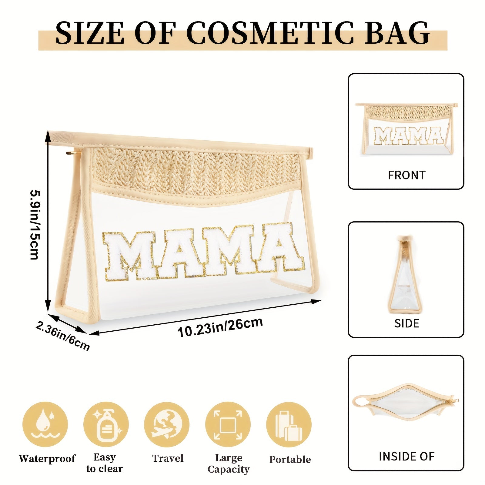 Boho Letter Patch Makeup Bag MAMA Pouch Clear Toiletry Bag