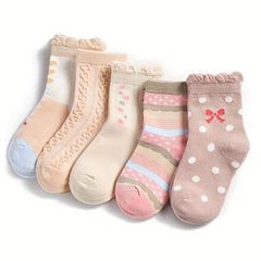 5 Pairs Casual Flower Bow Polka Dot Knit Socks