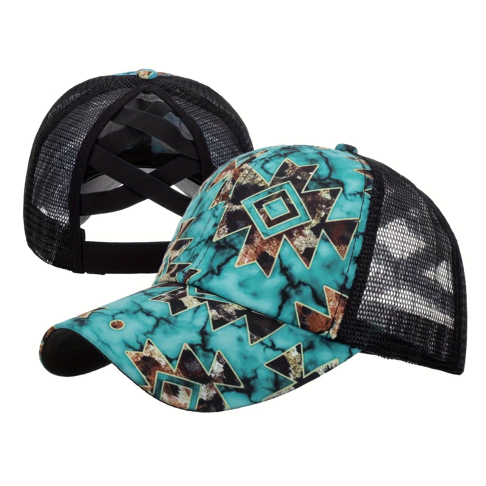 Sunflower Print Ponytail Baseball Cap Mesh Adjustable Trucker Hats