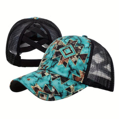 Sunflower Print Ponytail Baseball Cap Mesh Adjustable Trucker Hats