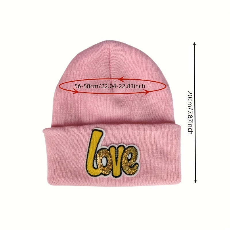 LOVE Sequin Decor Beanie Couple Knit Hat Lightweight Warm Skull Cap