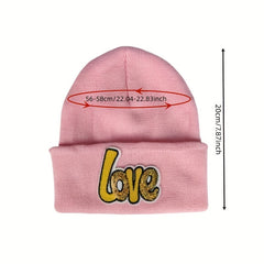 LOVE Sequin Decor Beanie Couple Knit Hat Lightweight Warm Skull Cap