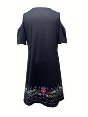 Ethnic Floral Print Dress Vintage Cold Shoulder V Neck Dress