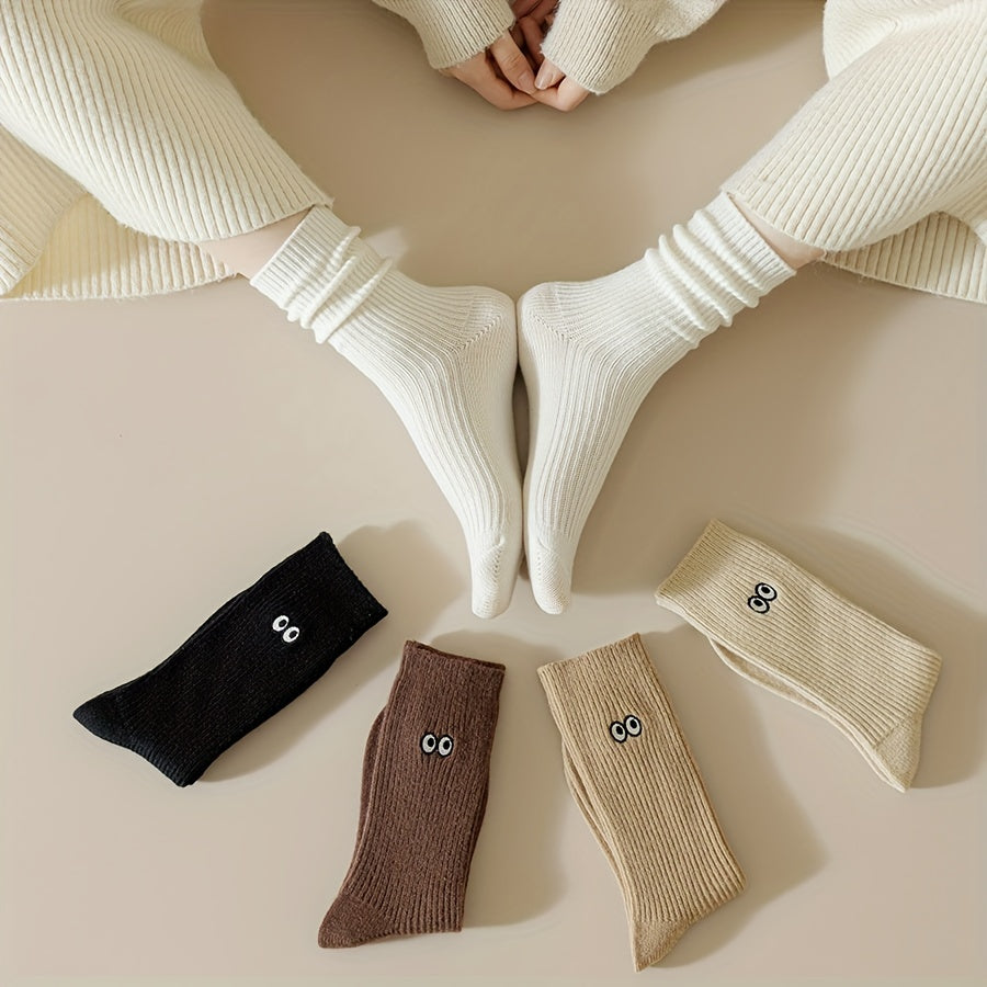 5 Pairs Eyes Embroidery Socks Comfy Mid Tube Stockings