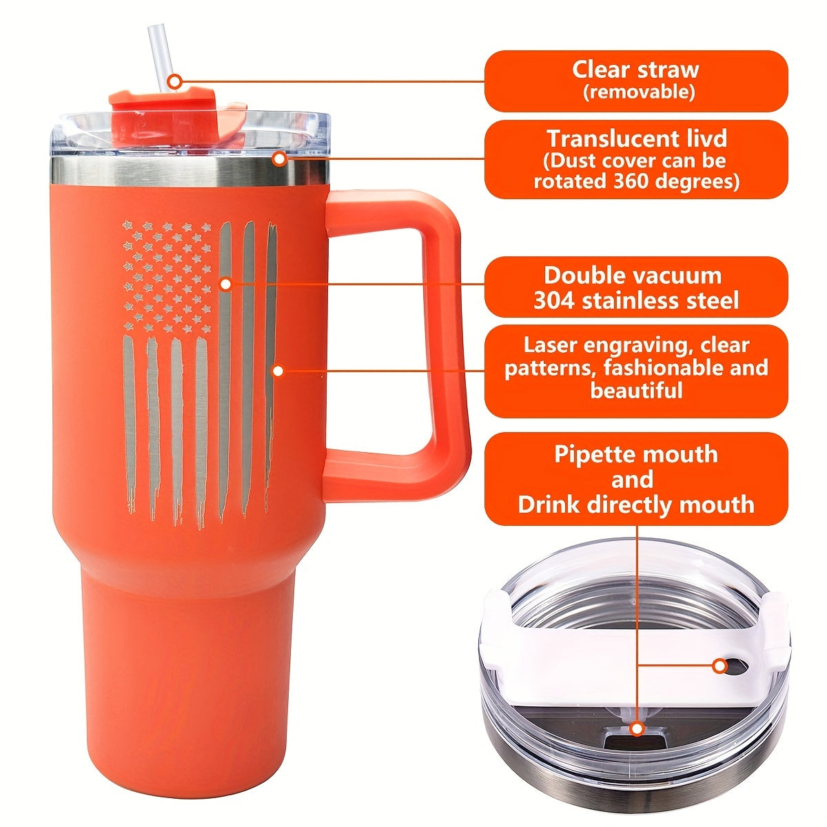 40oz Flag Print Vacuum Tumbler w/ Handle & Straw Lid Stainless Steel