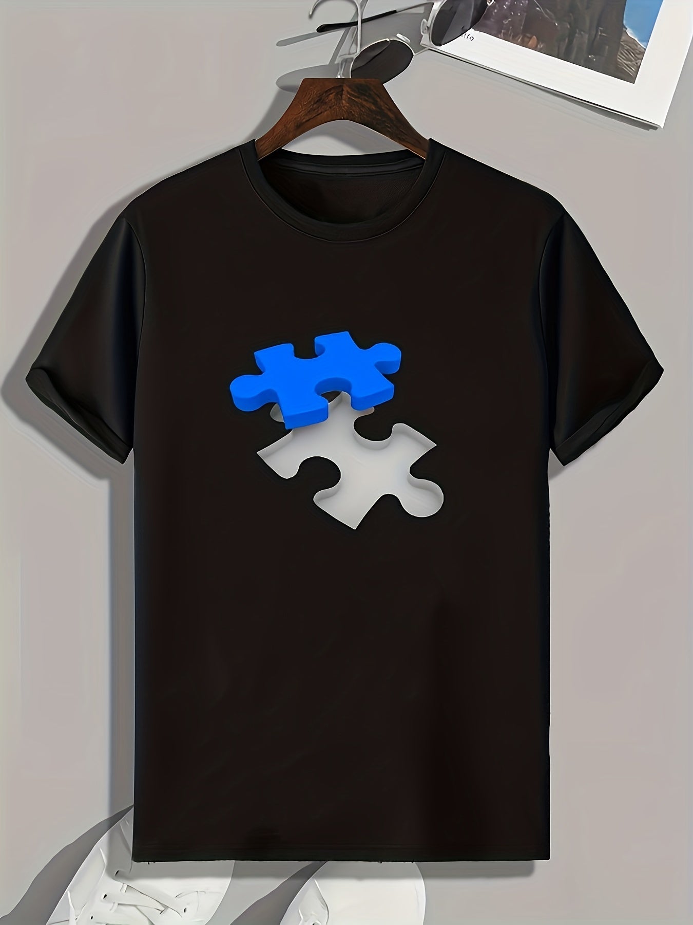 Puzzle Pattern Print Men's Sports T-shirt for Fitness Activities