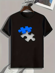 Puzzle Pattern Print Men's Sports T-shirt for Fitness Activities
