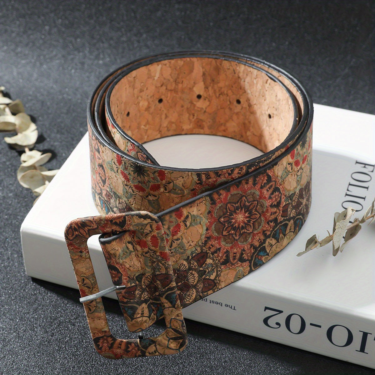 Flower Pattern Faux Leather Belt Boho Rectangular Buckle