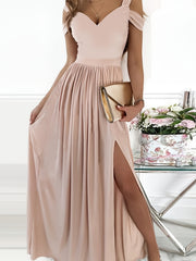 Sexy Off Shoulder Slit Dress Casual Suspender Solid