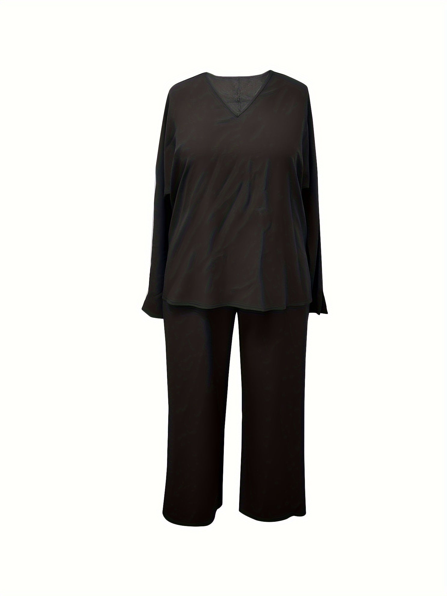 Women's Plus Solid V Neck Top & Wide Leg Pants 2 Piece Set