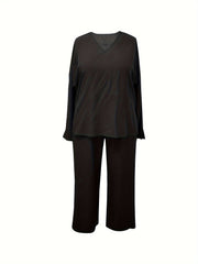 Women's Plus Solid V Neck Top & Wide Leg Pants 2 Piece Set