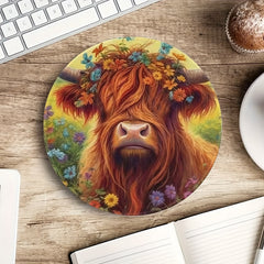 Highland Cow Pattern Mouse Pad Round Mouse Mat Non Slip Rubber Base Mousepad