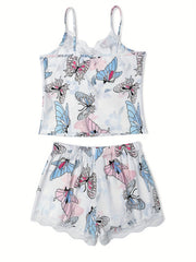 Butterfly Print Pajama Set V Neck Cami Top & Lace Trim Shorts