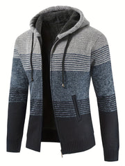 Knitted Stripes Fleece Hooded Cardigan Men's Zip Up Coat