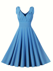 High Waist A-line Dress V Neck Sleeveless Party Casual Dress