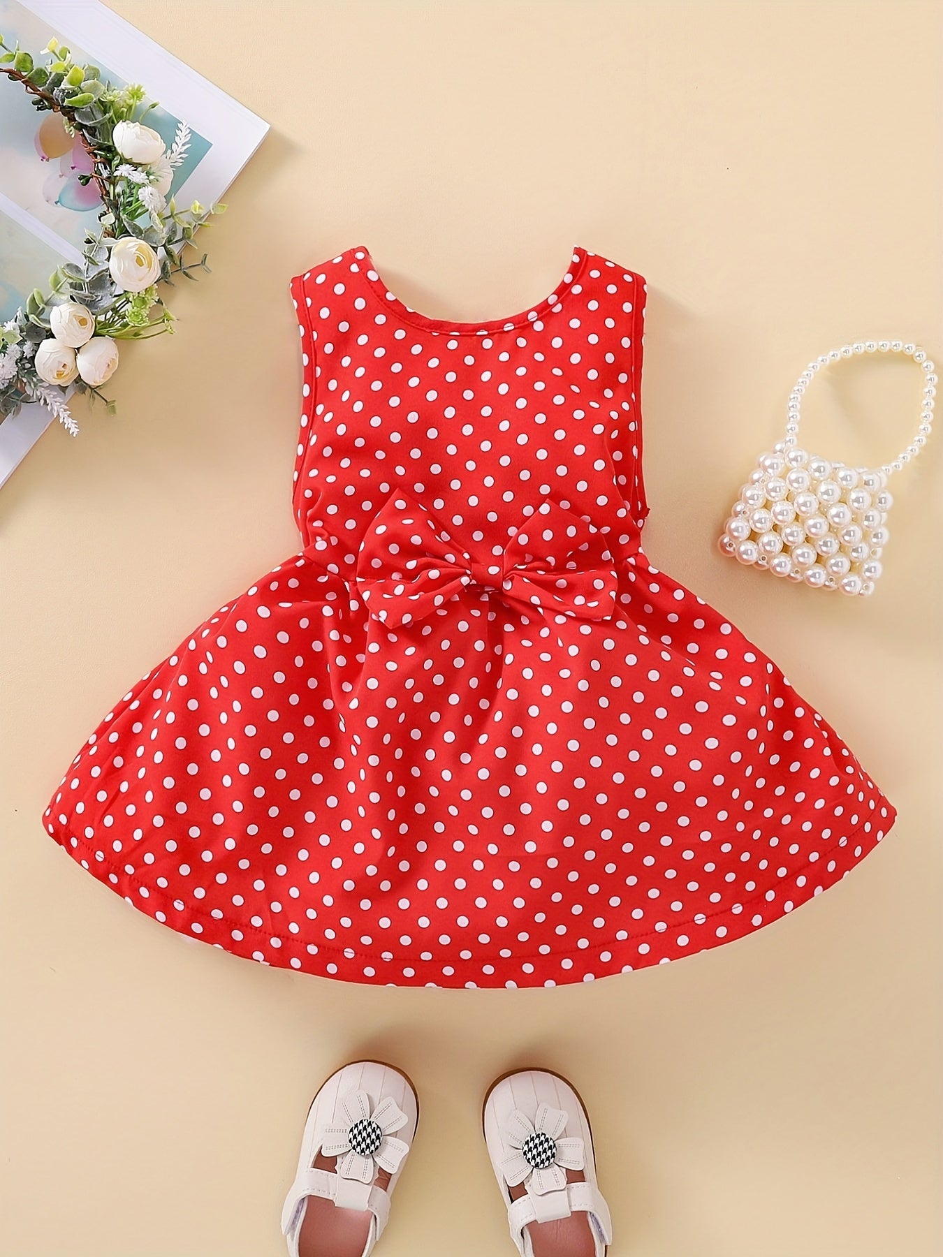Toddler Baby Girls Bow Polka Dot Sleeveless Dress Princess Dress For Party