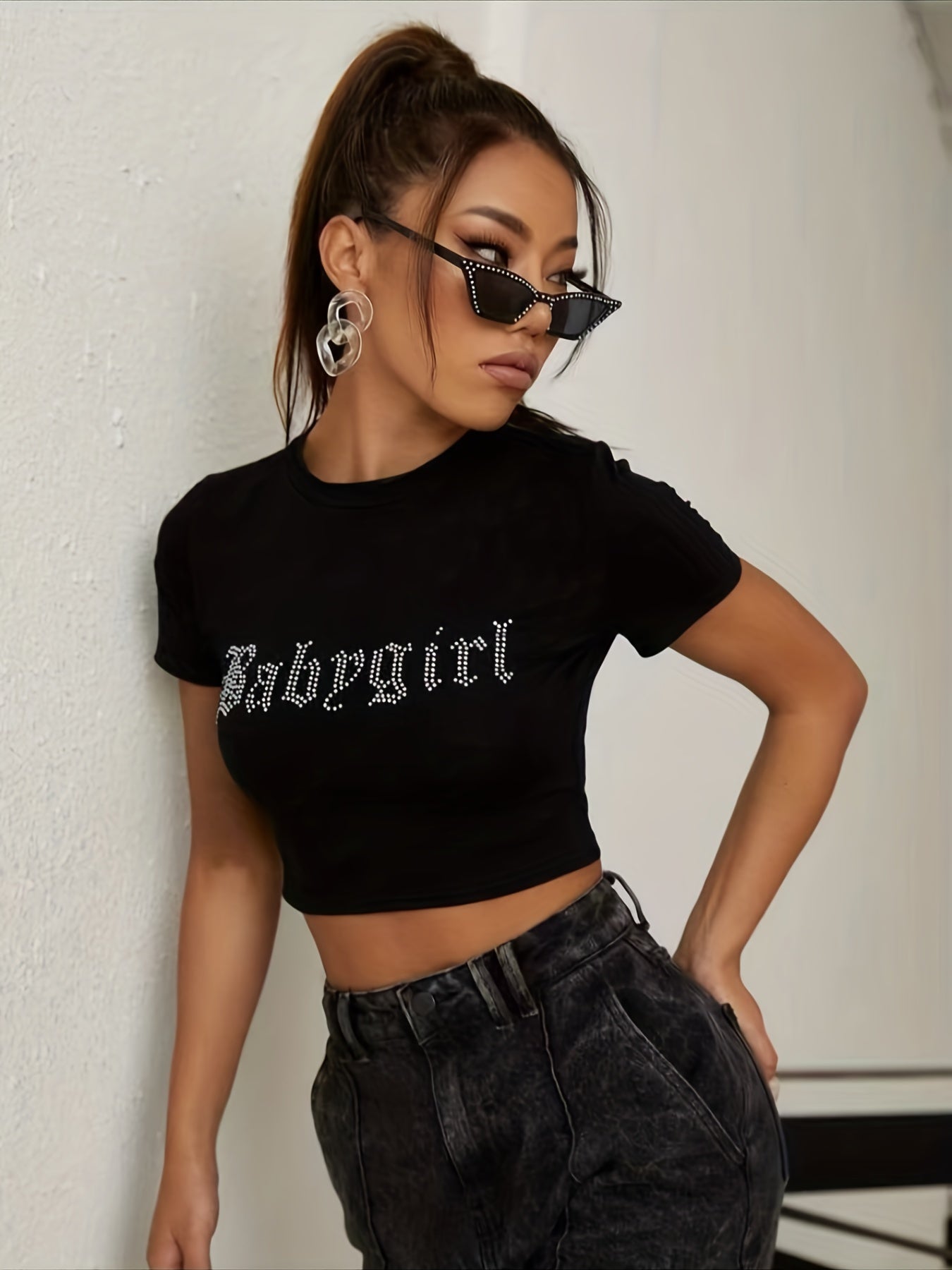 Rhinestone Letter Crop Tee Y2K Crew Neck Women's Clothing