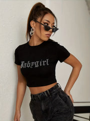 Rhinestone Letter Crop Tee Y2K Crew Neck Women's Clothing