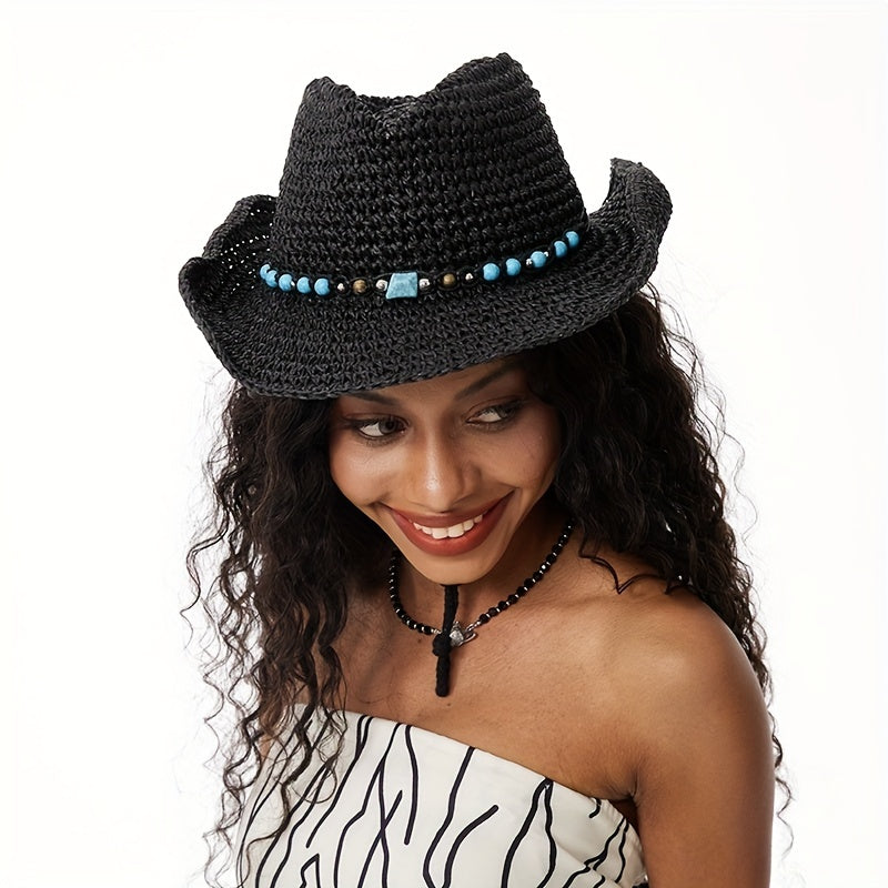 Turquoise Chain Decor Sun Hat Crochet Western Cowboy Cowgirl Hat