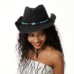 Turquoise Chain Decor Sun Hat Crochet Western Cowboy Cowgirl Hat