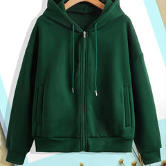 Solid Zip Up Hoodie With Pocket Drawstring Long Sleeves Active Hooded Sweatshirt