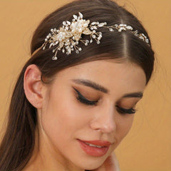 Crystal Faux Pearl Headband Tiara Golden Rhinestone Flower Hairband