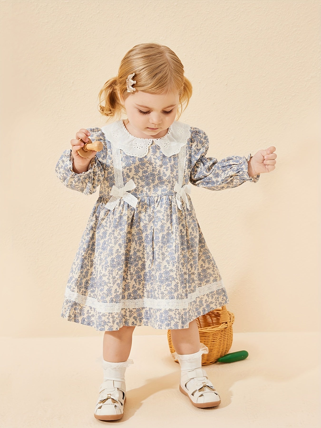 Baby Girls Floral Dress Lace Bowknot Ruffle Long Sleeve Princess Dress