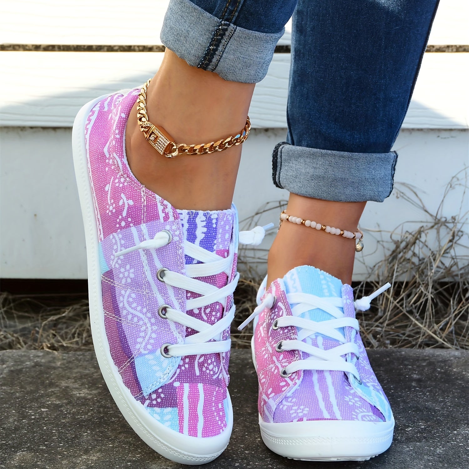 Women's Block Flower Walking Shoes Lace Up Low Top Casual Flat Sneakers