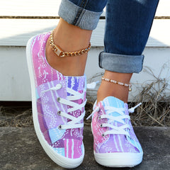 Women's Block Flower Walking Shoes Lace Up Low Top Casual Flat Sneakers