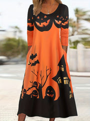 Women's Plus Horror Pumpkin Bat Castle Print Long Sleeve Dress