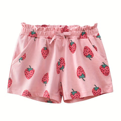 Toddler Girls Strawberry Graphic Bow Paperbag Waist Cotton Casual Shorts