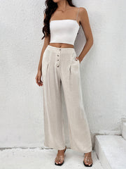 Solid Wide Leg Pants Casual Pocket Pleated Pants Women's Clothing